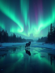 Majestic wolf stands silhouetted against a vibrant aurora borealis reflected in a frozen lake, creating a breathtaking winter scene.