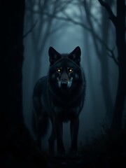 Mystical black wolf with glowing eyes stands in a dark, misty forest.  AI-generated image perfect for fantasy, mystery, or wildlife themes.