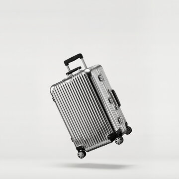 Silver aluminum suitcase levitates on white.