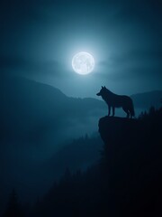 Silhouette of a wolf standing on a cliff at night, overlooking a misty mountain range under a full moon.  Mystical, atmospheric landscape.