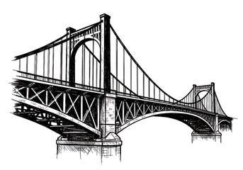 Fototapeta premium Dramatic Black and White Sketch of a Suspension Bridge, Architectural Design, Urban Infrastructure, Engineering Illustration.