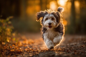 Joyful dog running in autumn forest nature photography outdoor scene