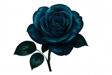 Beautiful blue rose with stem and leaves isolated on transparent background, radiating elegance and charm