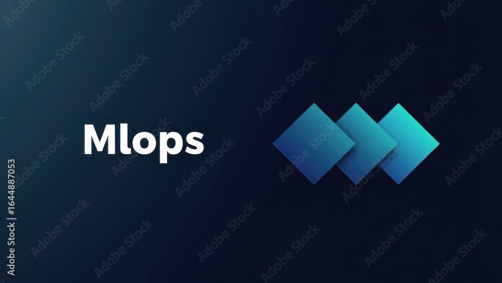 Poster mlops. blue diamond shapes on dark background with mlops text technolo