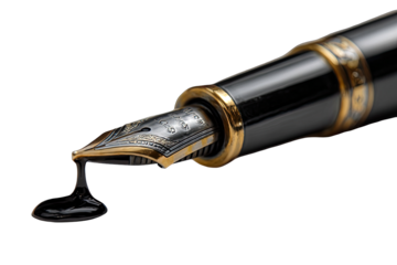 Close-up of a fountain pen nib with ink dripping