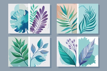 Decorative botanical illustrations of various leafy plants with watercolor effect in a multi-panel arrangement