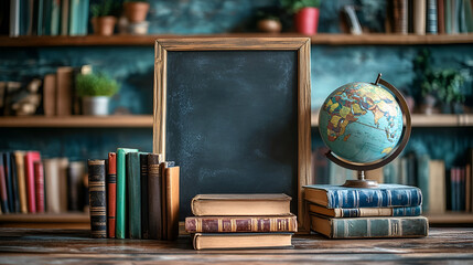 Inspiring education scene featuring vintage books, a globe, and a chalkboard ready for your message, perfect for back to school promotions or educational content