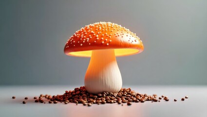 Mushroom Coffee. Red mushroom with white spots glowing on coffee beans