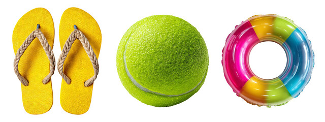Bright Summer Vacation Essentials: Flip Flops, Tennis Ball, Pool Float