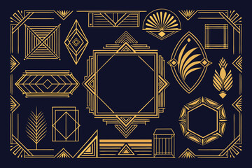 Elegant art deco design elements in gold and navy perfect for luxury branding and decorative projects.