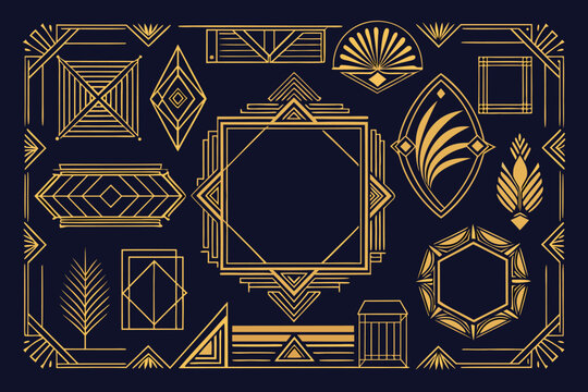 Elegant art deco design elements in gold and navy perfect for luxury branding and decorative projects.