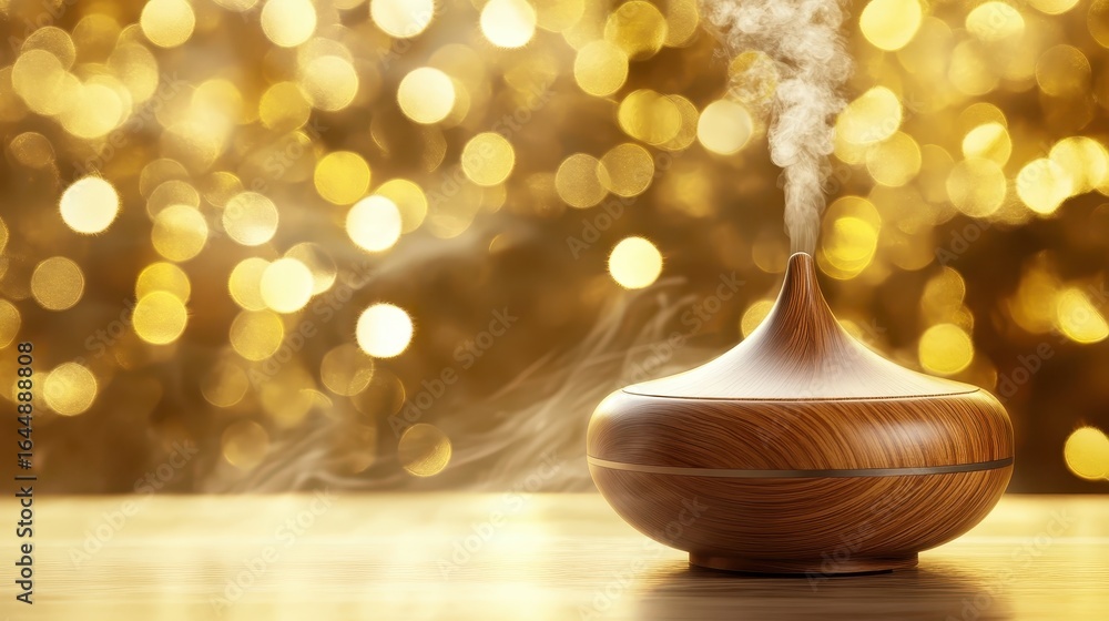 Poster aromatherapy diffuser with smoke and bokeh background in warm glow
