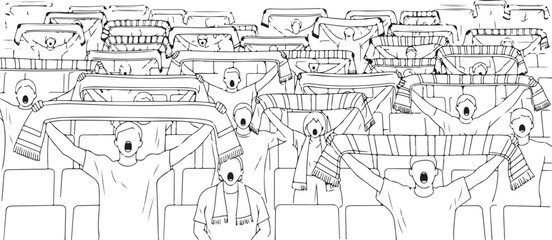 Illustration of a sports fans crowd holding scarfs, cheering for their team. Black and white drawing