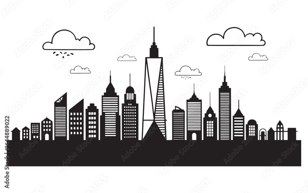 Poster monochrome skyline silhouette with clouds a serene metropolis illustration capturing urban architect