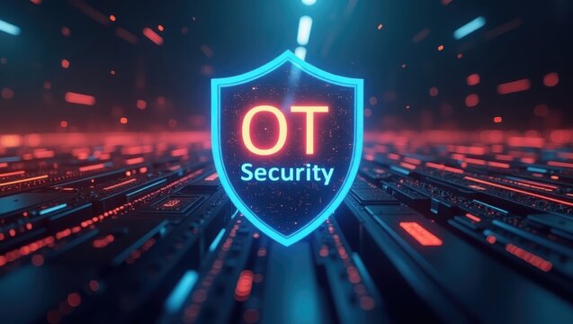 OT Security. Cybersecurity shield glowing blue red OT security concept