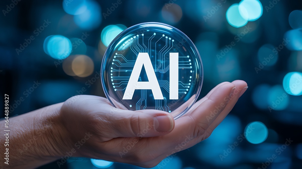 Poster developer or businessman holding a luminous orb showing ai symbol. concept for artificial intelligen