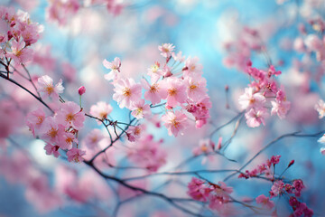 Delicate pink cherry blossoms in full bloom on branches with soft blue sky in background.