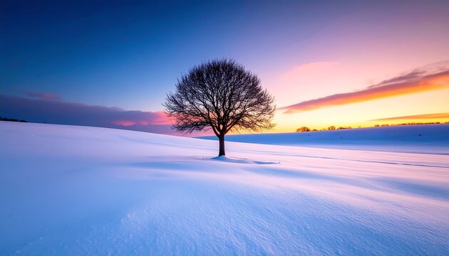 Solitary tree in snow-covered field at sunset, vibrant colors in the sky