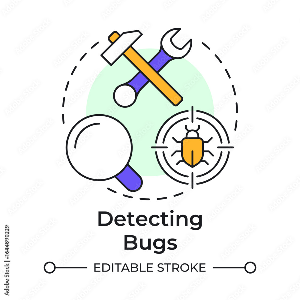 Poster detecting bugs multi color concept icon. software engineering. system maintenance. round shape line 