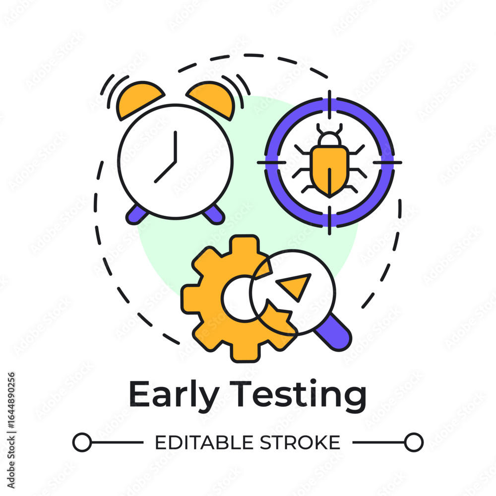 Poster early testing multi color concept icon. bug analysis, tracking. software engineering. round shape li