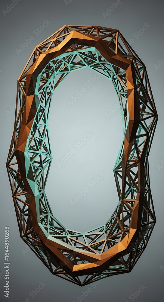 Poster intricate geometric structure forms a portal-like shape casting interesting shadows against a