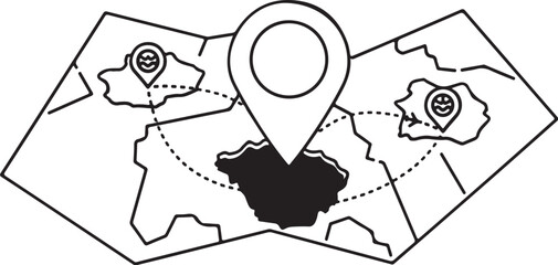 Route map illustration with pinpoints on islands, depicting travel destinations and navigation, vector