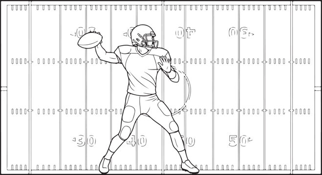 Football quarterback throwing ball on field, vector illustration in black and white