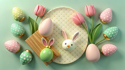 Festive easter egg and tulip arrangement with cute bunny accents