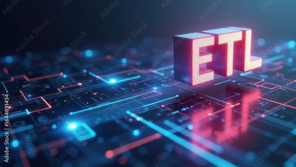 Poster reverse etl. etl glowing red letters on futuristic digital circuit tec