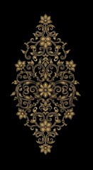Intricate golden ornamental motif showcasing detailed floral and filigree elements on black expanse