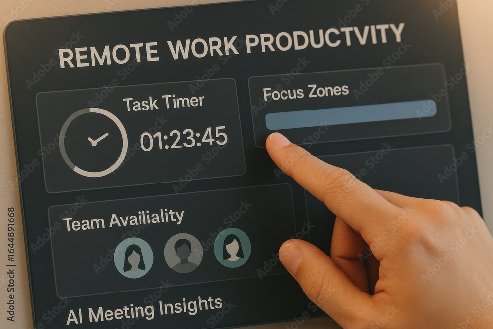 Aufkleber remote work productivity interface with task timer, team availability and focus zones
