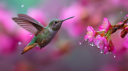Fototapeta premium Vibrant hummingbird gracefully flying near blooming pink flowers