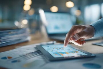 Hand interacting with a tablet in a well-lit office.