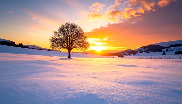 Solitary tree silhouetted against a vibrant sunset over a snow-covered field and distant mountains - Powered by Adobe