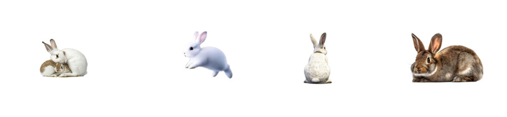 Fototapeta premium Four adorable rabbits in various poses against a black background, cut out transparent