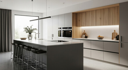 Modern kitchen interior with island bar stools and sleek appliances