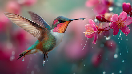 Obraz premium Vibrant hummingbird gracefully flying near blooming pink flowers