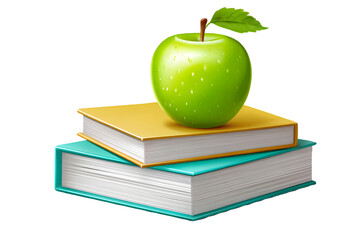 Green Apple on Stack of Books PNG with Transparent Background – High-Resolution Education and Teacher Clipart for Back to School, Classroom, and Academic Design Projects

