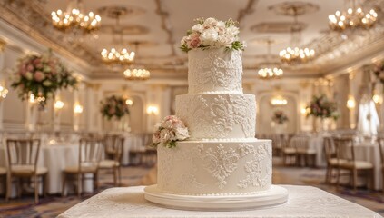 Elegant three-tiered wedding cake with delicate lace-like detailing, adorned with blush pink and white roses, displayed in a grand ballroom setting