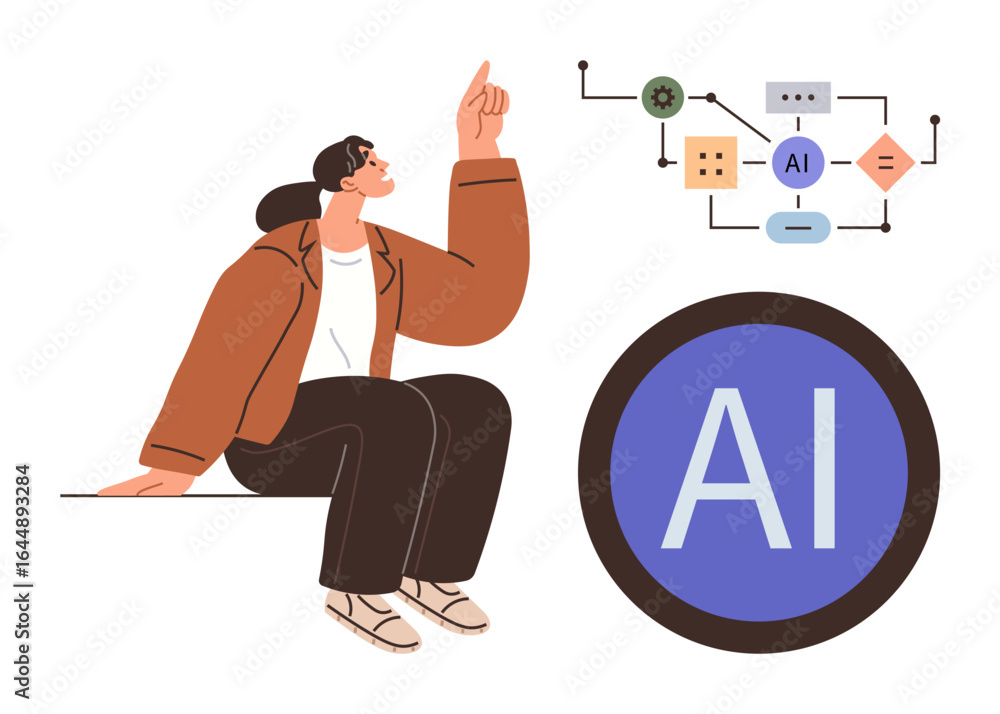 Poster person gestures toward ai system and process chart with connected nodes. ideal for technology, educa