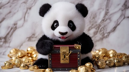 Stuffed panda holding a treasure chest surrounded by plush pirate gold on marble background