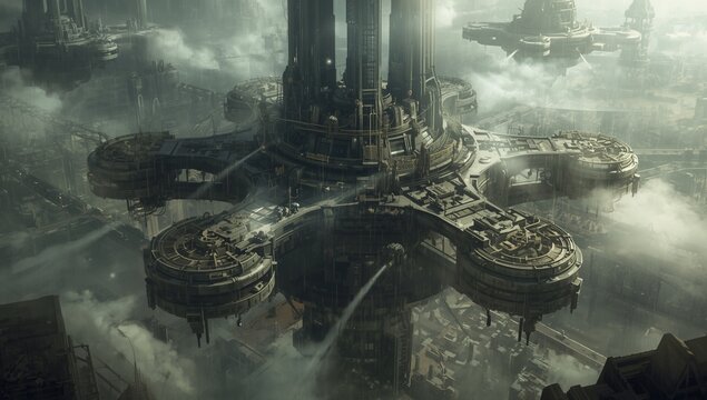 A futuristic floating city is visible in the clouds.
