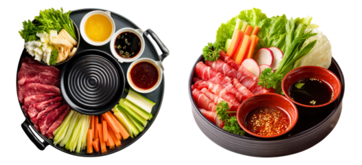Collection of dining ready hot pot setups with sliced beef vegetables and dipping sauces isolated on a white or transparent background