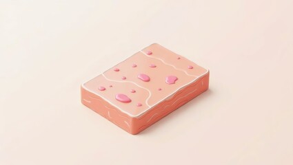 Skin Flooding. Pink rectangular sponge with holes on soft beige backgr