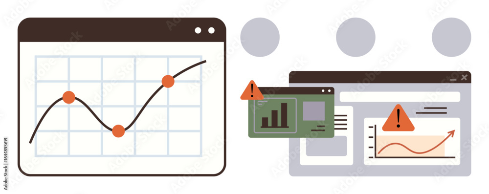 Poster graph with upward trends, browser windows with error alerts, and data metrics in a digital workspace