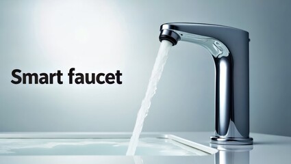 Smart Faucet. Modern chrome smart faucet running water in kitchen sink