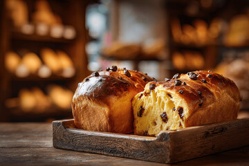 Golden fluffy brioche suisse in authentic French bakery interior