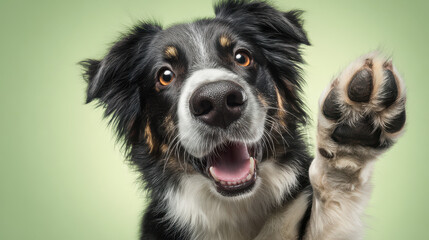 Obraz premium Happy Border Collie type dog smiling and doing a high five.
