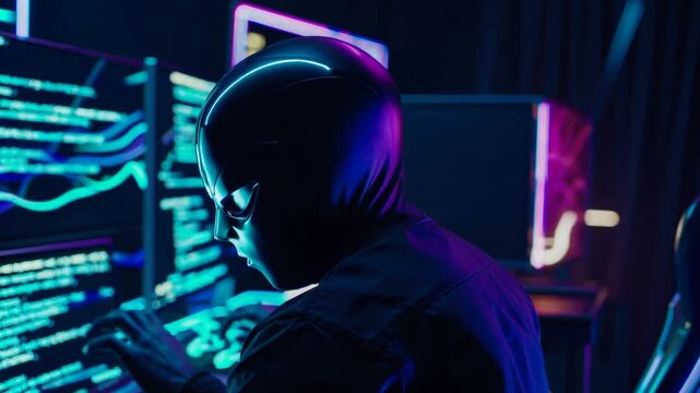 A Mysterious Hacker Engaged in Cyber Activities Amidst Flickering Screens and Pulsating Lights in a High-Tech Environment.