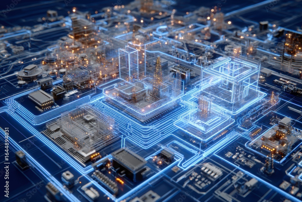 Poster x-default smart city on a circuit board: digital transformation and iot concept